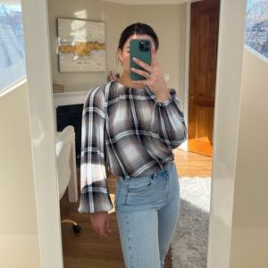 Bella Dahl Long sleeve Smocked Neck Top Brown Plaid, Size S